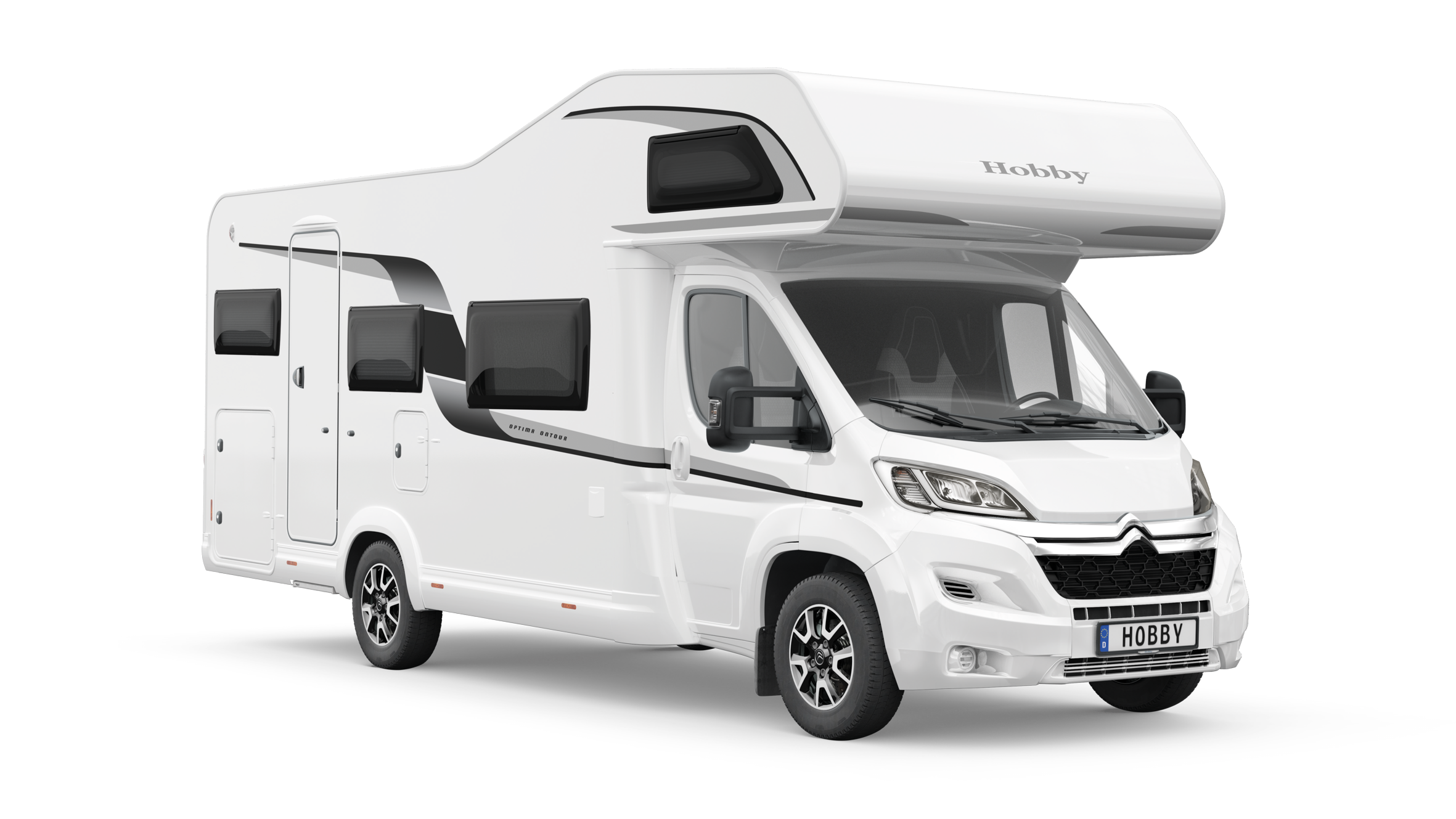 Ansicht von vorne rechts auf das Wohnmobil mit Alkoven ber der Fahrerkabine